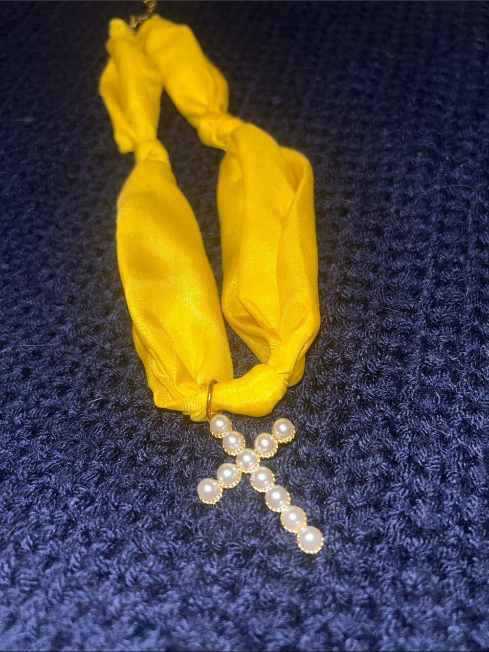 Bright Yellow Satin Necklace with Pearl Cross Pendant